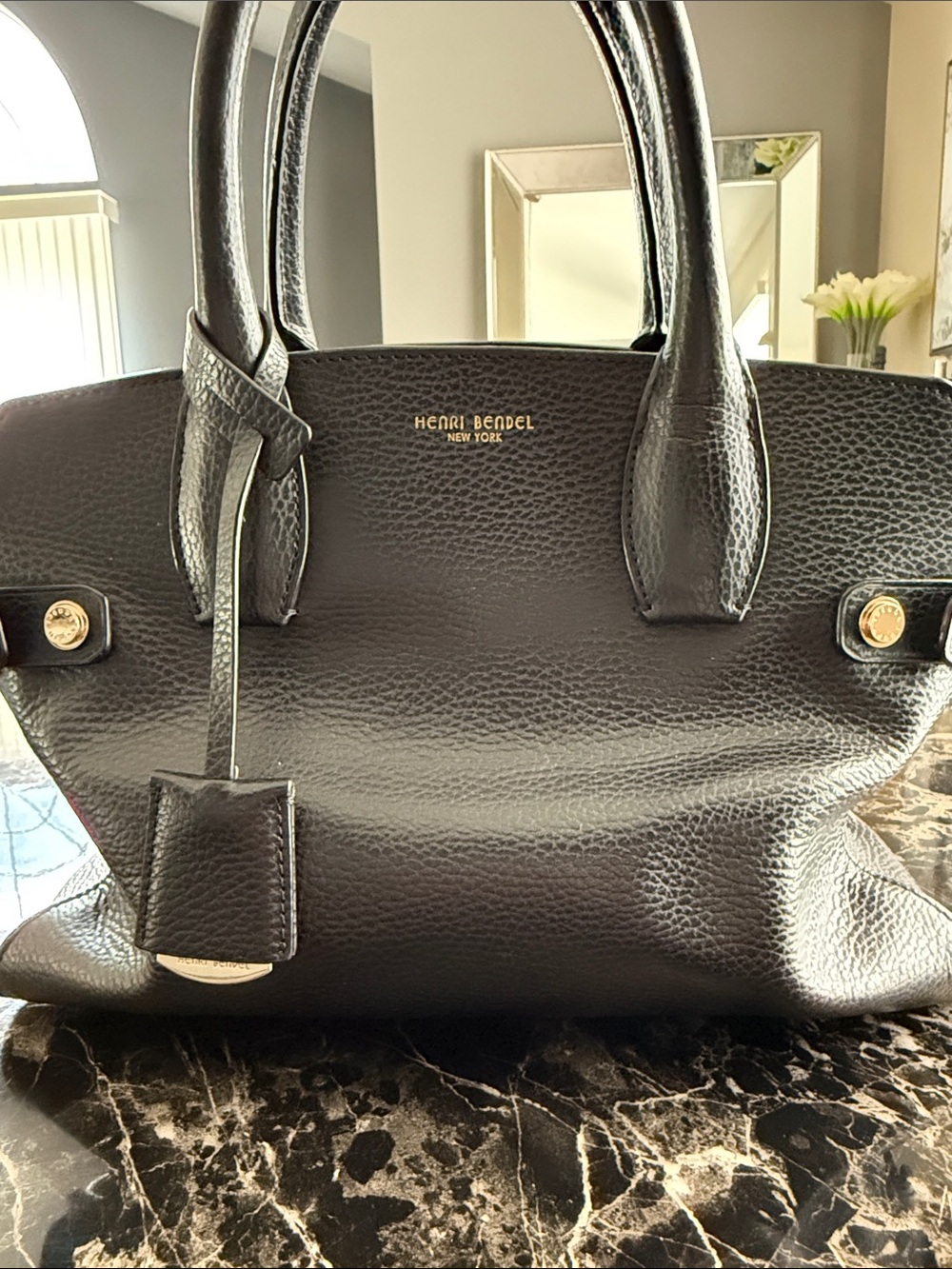 henri bendel Black Pebble Leather Satchel with Gold Hardware